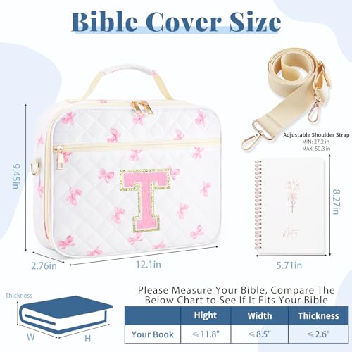 Personalized Initial Bible Cover Case for Women Bible Bag w/Study Supplies - color: Pink Bow, size: T