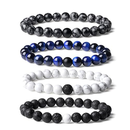 Mens Beaded Bracelets, 8MM Beaded Bracelets for Men, Natural Tiger Eye Bead Bracelet, Stretch Elastic Beads Bracelets for Men - color: 4 Snowflake Lapis Black Volcanic White