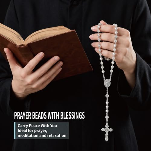 8mm Glass Pearl Rosary - Catholic Necklace for Men and Women Comes in a Metal Gift Box, First Communion Rosary Necklace as Gifts - color: White