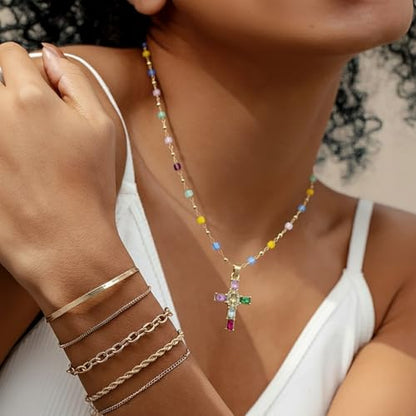 Rainbow Cross Necklace Choker for Women, Colorful Shiny Rhinestones Cubic Zirconia Charm Necklace Dainty Faith Cross Pendant Necklaces Faith Christian Costume Easter Jewelry Gift for Her
