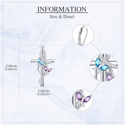 Flower Cross Earrings 925 Sterling Silver Daisy Butterfly Lily Violet Mushroom Dangle Drop Earrings Birth Flower Jewelry for Women Birthday Christmas Gifts - style: Butterfly Cross