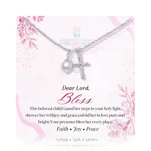 S925 Sterling Silver Cross Necklace for Girls, Baptism First Communion Confirmation Gifts, Pearl Heart Pendant Necklaces, Back to School Graduation Easter Birthday Faith Gift Age: Over 8 Years Old - style: Pearl Cross