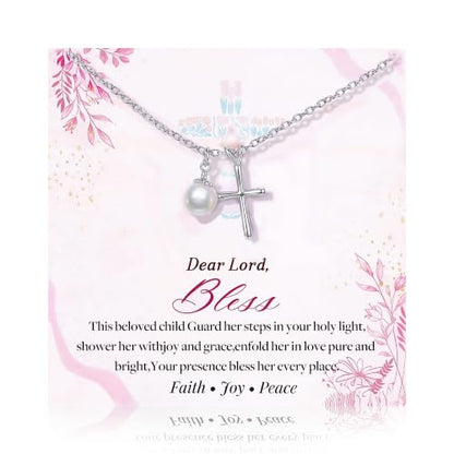 S925 Sterling Silver Cross Necklace for Girls, Baptism First Communion Confirmation Gifts, Pearl Heart Pendant Necklaces, Back to School Graduation Easter Birthday Faith Gift Age: Over 8 Years Old - style: Pearl Cross