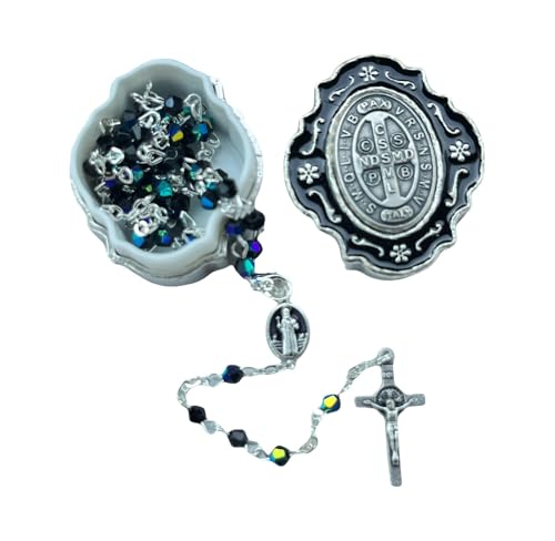 Catholic Silver Linked Rosary Set – 3mm Beads, 14.25" Length, Metal Keepsake Gift Box with Enamel Inlay – Perfect First Communion Gift (Saint Benedict) - color: Saint Benedict