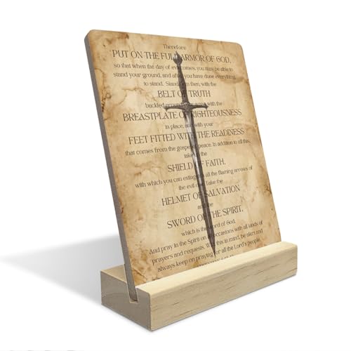 Christian Home Decor, Religious Gifts, Bible Verse Decor, Armor Of God Wooden Plaque Sign Inspirational Christian Decoration for Home Office Shelf Decor - color: Therefore Put On The Full Armor Of God.
