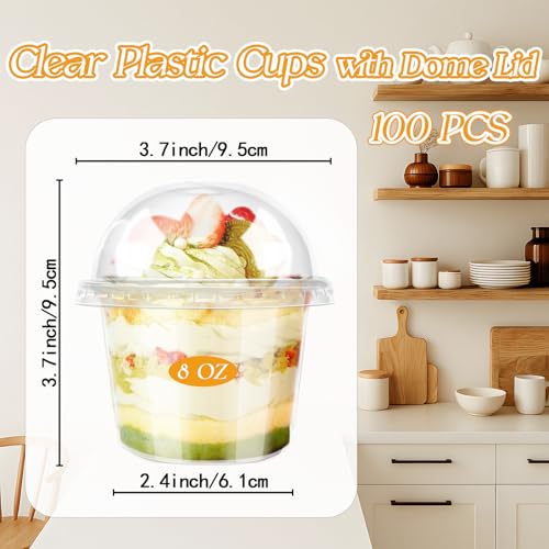 Jnnzzggu 100Pcs Disposable Plastic Cups,8Oz Parfait Cups with Dome Hole Lids,Disposable Snack Bowls for Cake,Fruit,Parfait,Pudding,Jello Shot,Coffee,Ice Cream - size: 100pcs 8oz