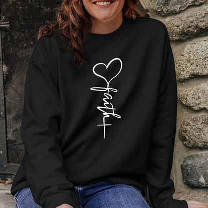 KIEKIECOO Faith Christian Sweatshirts for Women Religious Crewneck Sweatshirt Letter Print Fall Pullover Long Sleeve Tops - color: Black, size: Medium