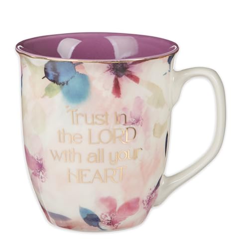 Christian Art Gifts Large Ceramic Inspirational Scripture Coffee & Tea Mug for Women: Trust in the Lord Golden Bible Verse, Non-toxic Lead/Cadmium-Free Cup, White & Purple Watercolor Floral, 14 oz. - color: Purple/Trust