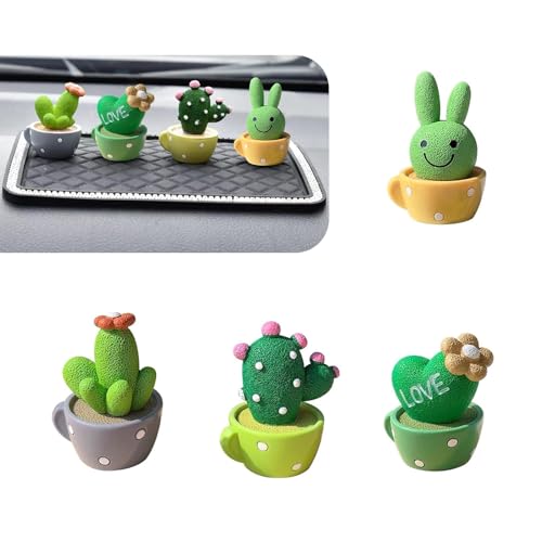 4 PCS Cute Mini Cactus Figurines, Car Dashboard Decorations, Resin Cactus Accessories, Universal Plant Decoration Accessories for Most Cars (Green)