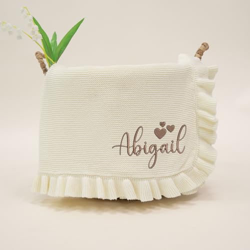 IZI POD Personalized Knit Baby Blanket, Embroidered Name Nursery Blanket, Cotton Knit Stroller Blankets, Gift for Baby, Birthday - Style 12 - color: Custom 14