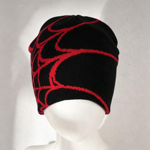 Unisex Stretch Warm Winter Skull Cap, Cold Weather Knit Beanie - color: Red Spider Web Pattern