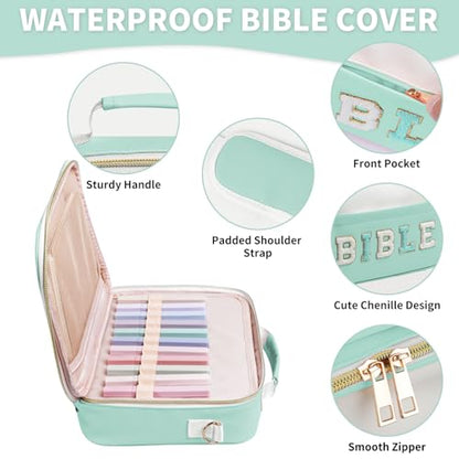 KOPKOFT Bible Cover Case for Women, Large Chenille Letter Leather Bible Case with Bible Study Accessories, Bible Study Supplies Bible Journaling Kit, Christmas Christian Gift for Women Girls (Green) - color: Green