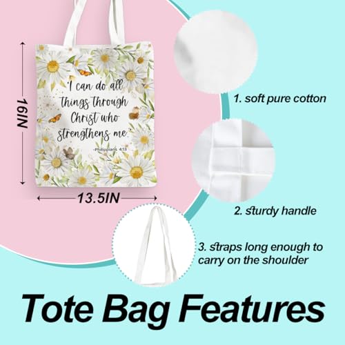 Positive Religious Christian Gifts Canvas Tote Bag for Women Christmas Birthday Cute Beach Reusable Grocery Bags - color: Philippians 4 13 Daisy