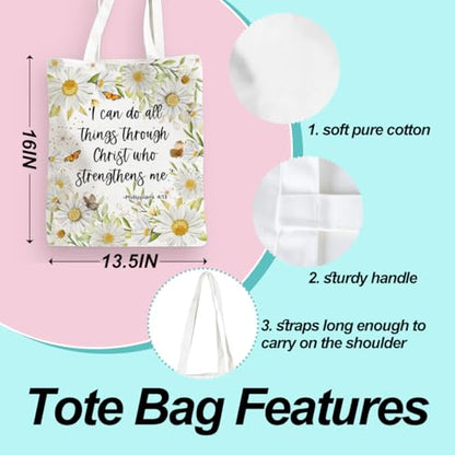 Positive Religious Christian Gifts Canvas Tote Bag for Women Christmas Birthday Cute Beach Reusable Grocery Bags - color: Philippians 4 13 Daisy