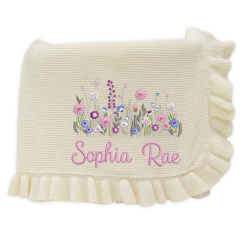 Wildflower Nursery Quilt Blanket with Ruffle Edge – Custom Embroidered Floral Name Blanket, Personalized Newborn Gift for Girls, Soft Keepsake for Baby Shower - color: A02