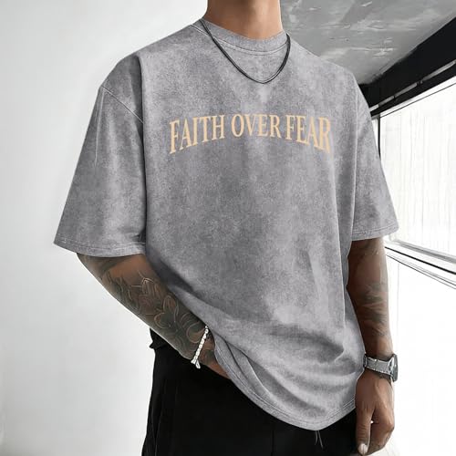 Mens Faith Over Fear Christian Shirts Jesus God Religious Bible Verse Cross Tshirt Oversized Acid Wash Graphic Tees - color: Light Gray, size: X-Small