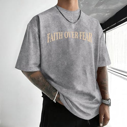 Mens Faith Over Fear Christian Shirts Jesus God Religious Bible Verse Cross Tshirt Oversized Acid Wash Graphic Tees - color: Light Gray, size: X-Small