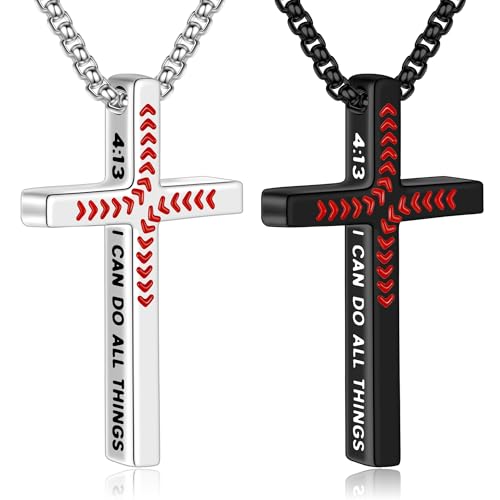 Yoosteel Baseball Cross Necklaces for Boys Kids,2 Pcs Necklace Jewelry Gift - color: 20 inch 2 Pcs Black+Silver-Plated