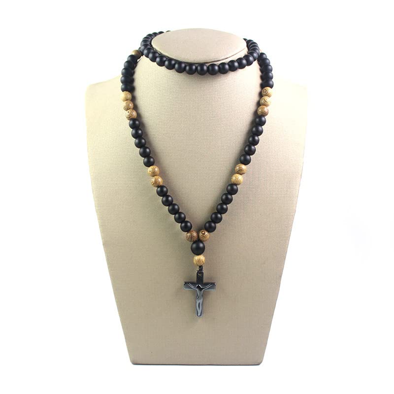 COLORFUL BLING Natural Wooden Catholic Rosaries Wood Crucifix Prayer Beads Pendant Necklace Prayer Jesus Religious Cross Rosary Necklace Handmade Jewelry - color: black agate