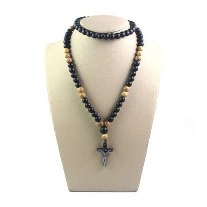 COLORFUL BLING Natural Wooden Catholic Rosaries Wood Crucifix Prayer Beads Pendant Necklace Prayer Jesus Religious Cross Rosary Necklace Handmade Jewelry - color: black agate