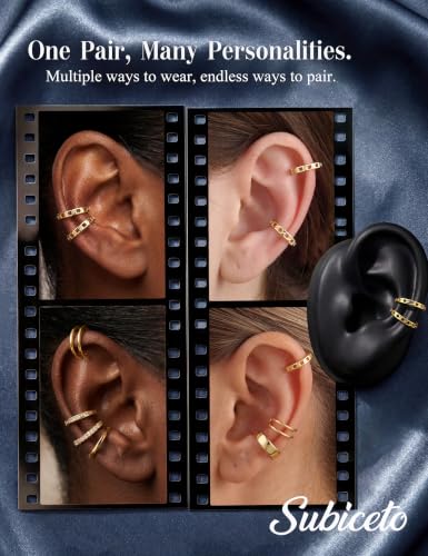 Subiceto 925 Sterling Silver Ear Cuffs Non Piercing - Adjustable Hypoallergenic 14K Gold Plated Clip On Earrings for Women Cubic Zirconia Silver Ear Cuff Helix Cartilage Fake Piercing - color: 07 Chain Gold Tone