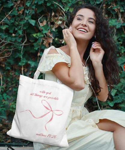 Coquette Bow Bible Canvas Tote Bag for Women Teens Teen Girls, Pink Bow Girls Tote Bag, Coquette Gifts - color: Pink Bow Bible Verses