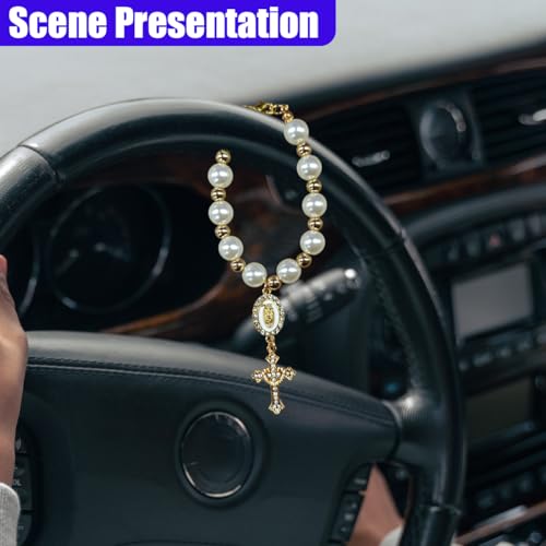 Rosary Car Steering Wheel Rosary Charm, Alloy Cross Religious Rear View Mirror Charm, Personalized Car Mirror Hanging Accessories for Most Cars (White) - size: White