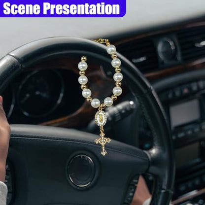 Rosary Car Steering Wheel Rosary Charm, Alloy Cross Religious Rear View Mirror Charm, Personalized Car Mirror Hanging Accessories for Most Cars (White) - size: White