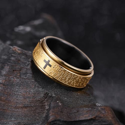 King Will 8mm Black/Gold/Silver Prayer Stainless Steel Ring - color: Gold & Black