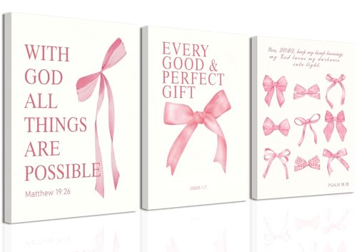 3 Pcs Coquette Pink Bow Canvas Wall Art Inspirational Bible Verses Bow Posters Wall Decor Pink Bow Room Pictures Prints Aesthetic for Girls Room Living Room Bedroom Bathroom Dorm 12x16 Inch Framed - color: Pink, size: 16L"x12W"