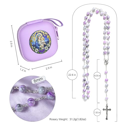 Handmade Rosary Beads for Women, Elegant Catholic Gifts for First Communion, Confirmation & Spiritual Prayer, Unique Beaded Rosary Necklace with Zippered Case - color: Light Purple - Madonna And Child