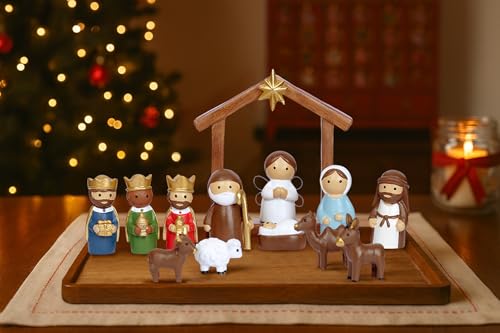 Christmas Nativity Scene Set 14 Piece Nativity Scene with Manger for Nativity Scene Indoor Decor Nativity Story Figures Nativity Set Decoration Mini Miniature Religious Christmas Holy Family Figurines - style: cartoon