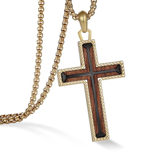 Wooden Cross Necklace for Men With Stainless steel And Black Ebony Adjustable Box Chain 24–26 inches Suitable for Everyday Wear And Christian Gifts for Men - color: Gold-A