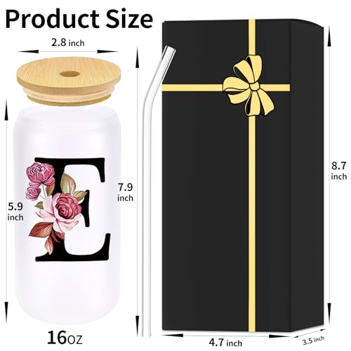 Monogrammed Glass Drinking Cup With Lid Straw Best Female Friend Happy Birthday Ideal Close Women Bf Stuff Bestie Soul Gift Sister Ever Long Distance Personalized Unique Cute Christmas Xmas Present,E - style: Letter E
