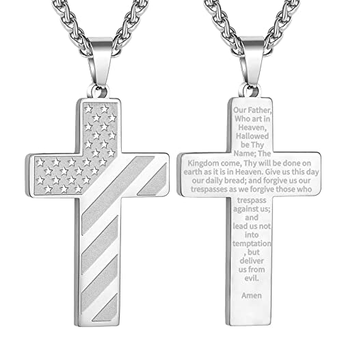 DuoDiner 18+2" Cross Necklace for Men Boys Christian Confirmation Gifts - color: Silver, style: Lord's Prayer