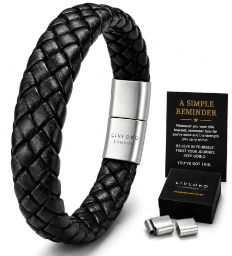 LONDON Mens Braided Leather Bracelet for Men, Adjustable Stainless Steel Clasp Wrist Bracelet, Motivational Meaningful Personalized Gift for Him, Birthday Fathers Day Gift for Him Husband Boyfriend Dad or Son, with Premium Gift Box, Handmade in Black & Br