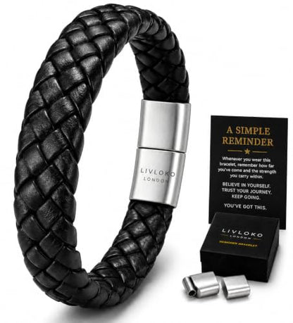 LONDON Mens Braided Leather Bracelet for Men, Adjustable Stainless Steel Clasp Wrist Bracelet, Motivational Meaningful Personalized Gift for Him, Birthday Fathers Day Gift for Him Husband Boyfriend Dad or Son, with Premium Gift Box, Handmade in Black & Br