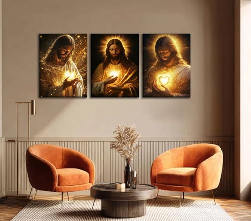 Jesus Canvas Wall Art, 3 Piece Gallery Wrapped Christian Prints, 12x16 - color: Sacred Heart of Jesus, size: 16"L x 12"W