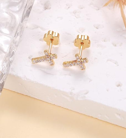 14K Gold Plated Small Stud Earrings for Girls Women Hypoallergenic Surgical Steel Cartilage Flat Back Stud Earrings CZ Cross Dot Bar Heart Handmade Screw Back Earrings Studs - color: Gold, style: Cross