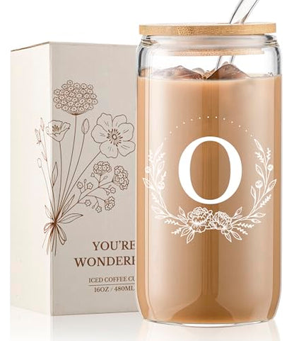 Personalized Gifts for Women, Monogrammed 16oz Glass Cups with Bamboo Lids and Straws, Customized Glass Tumbler, Cute Custom Mug, Customizable Initial Iced Coffee Glasses, Birthday Bridesmaid Mom, O - style: O