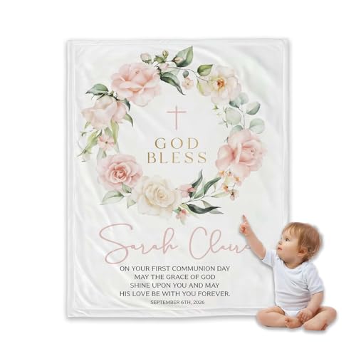 Personalized First Communion Blanket for Girl, Custom Christian Baby Blanket, Floral God Bless Throw Blankets, Catholic Baptism Gift, Scripture Blankets, Christening Keepsake, Nursery Decor - color: #Ver8