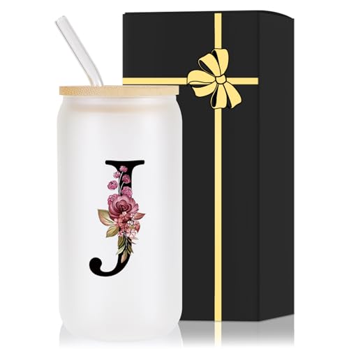 Monogrammed Glass Drinking Cup With Lid Straw Women Her Sister Mom Girlfriend Aunt Best Friend Friendship Grandma Bestie Wife Daughter Law Lady Happy Birthday Cool Funny Meaningful Unique Gifts Cute,J - style: Letter J