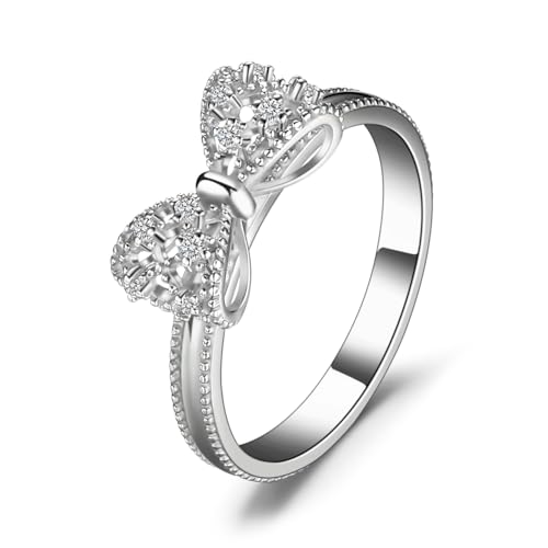 JewelryPalace 14k White Yellow Rose Gold Plated 925 Sterling Silver Rings for Women, Cubic Zirconia Promise Rings for Her, Stackable Wedding Bands Rings for Women Infinity Forever Love Knot Ring - color: 1-Brass-Bow Ring