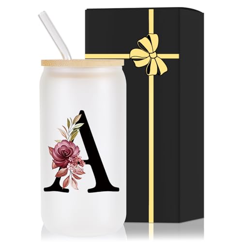 Monogrammed Glass Drinking Cup With Bamboo Lid Straw Customized Iced Coffee Tumbler 16oz Clear Mason Jar Beer Water Smoothie Cocktail Accessories Cool Cute Mug Gift Vasos De Vidrio Con Tapa Popote,A - style: Letter A