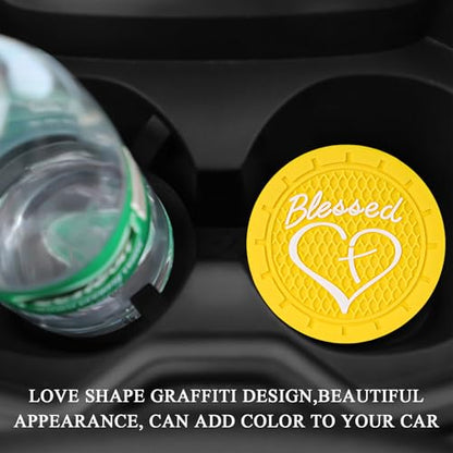 KVAEY 2 PCS Car Cup Holder Coasters, 2.76 Inch Anti Slip Vehicle Drink Mats with Cute Blessed Cross and Heart, Shockproof, Universal Car Accessories (Yellow, 2 PCS) - color: Yellow, size: 2 PCS