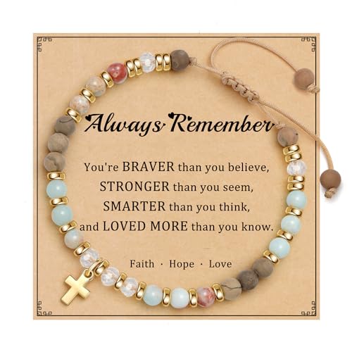 Cross Bracelets for Women Girls, Christian Gifts for Women Natural Stone Beaded Bracelets First Communion Confirmation Baptism Gifts Catholic Easter Christmas Inspirational Gift Jewelry - color: Agalmatolite - Always Remember
