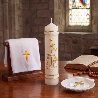 Lyrow Baptism Candle Set Complete Christening Gift Kit with Shell, Candle & Towel, White Gold Communion for Baptism, First Holy Communion, Catholic Sacraments(Vintage)
