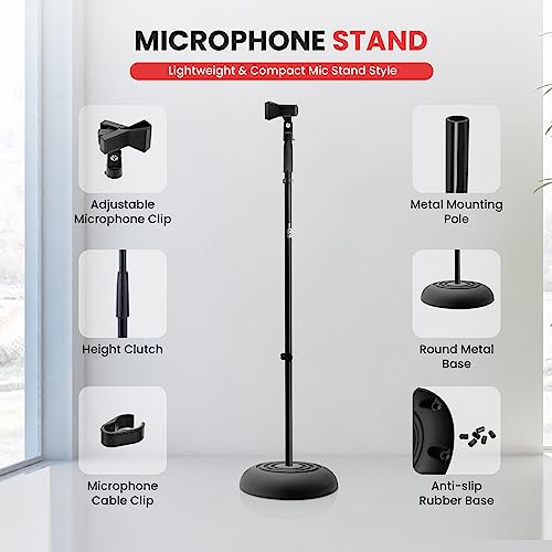 Pyle microphone stand - universal mic stand with compact heavy base, floor standing design, height adjustable, pivot angle clip for singing & recording (2.8' - 5' ft., 9.8" diameter) - size: 1 Pack