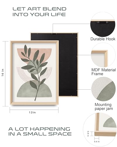 HesenDot Boho Sage Green Framed Wall Art, 12x16IN High Wood Frame Design - color: High Frame Green Neutral Leaf
