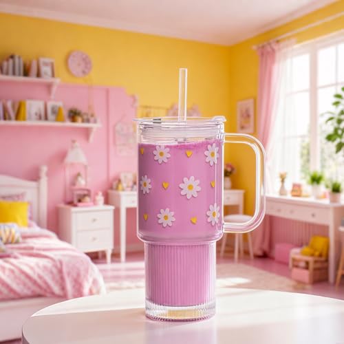 INSETLAN 26 oz Glass Tumbler with Handle, 2-Pack Iced Coffee Cups - color: 2 Pcs - Daisy